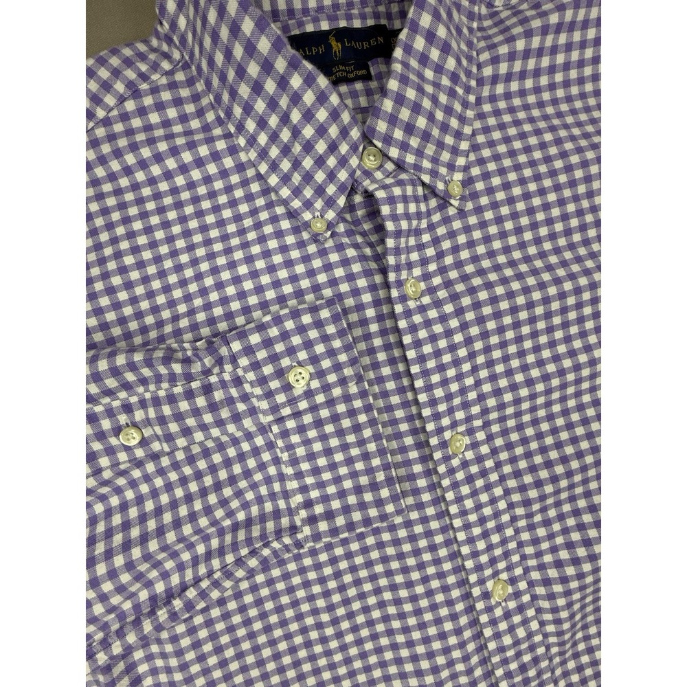 Ralph Lauren Shirt Men's XXL Purple White Gingham Slim Fit Stretch Oxford
